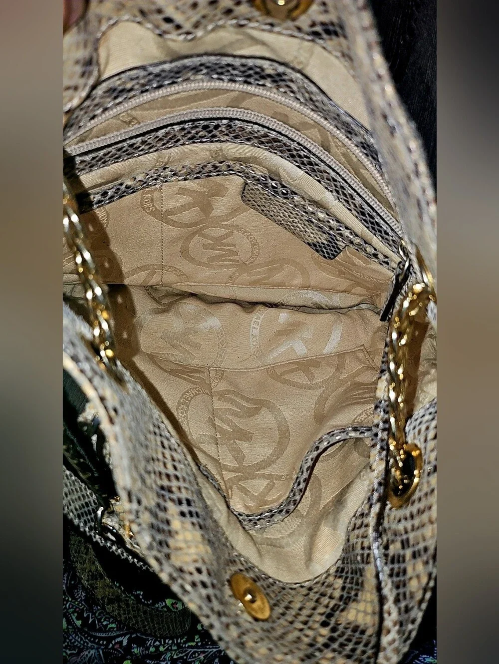 Authentic Michael Kors Snakeskin Shoulder Purse With Gold Chain Straps